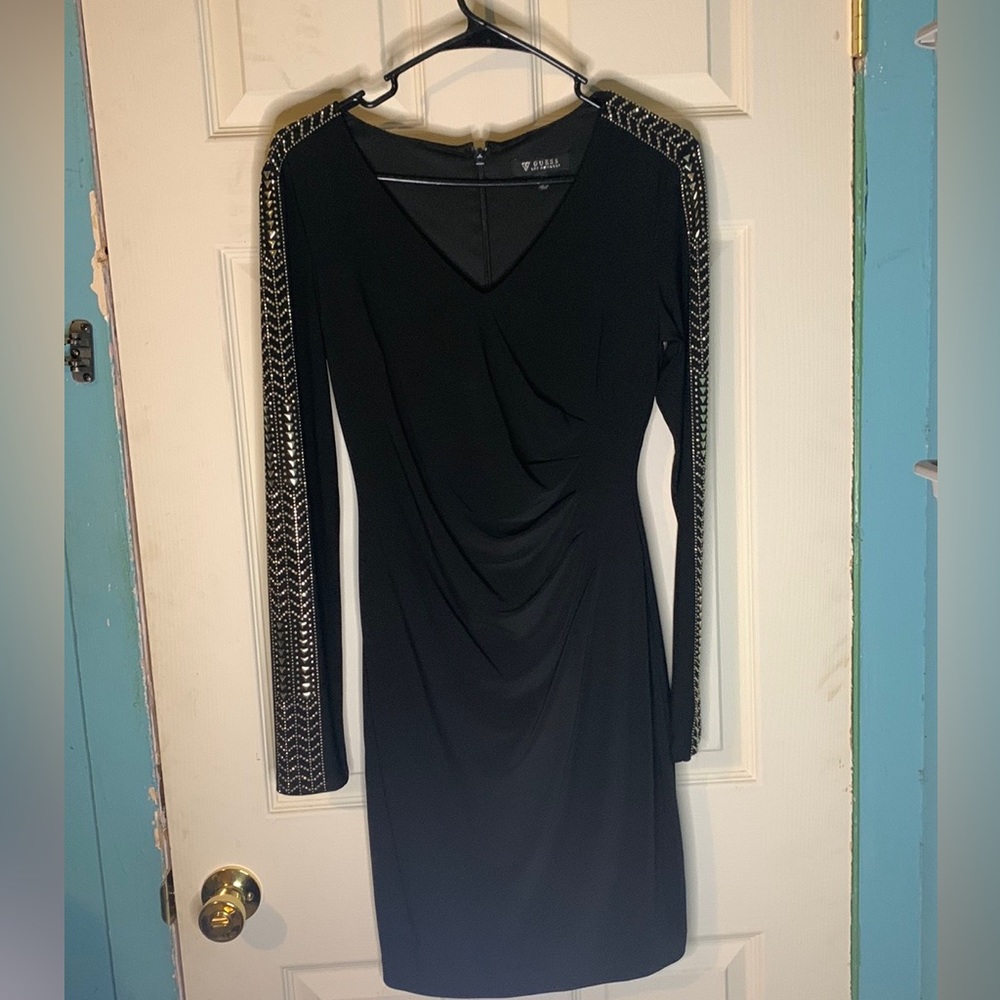 Black Guess dress V neck with Waist defining and Long sleeves silver rind stone